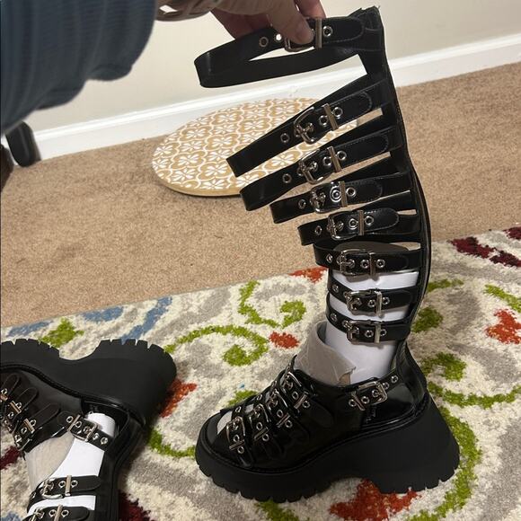 NIB Jeffrey Campbell black Post-Punk knee high cage gladiator chunky heel sandal - Picture 8 of 14